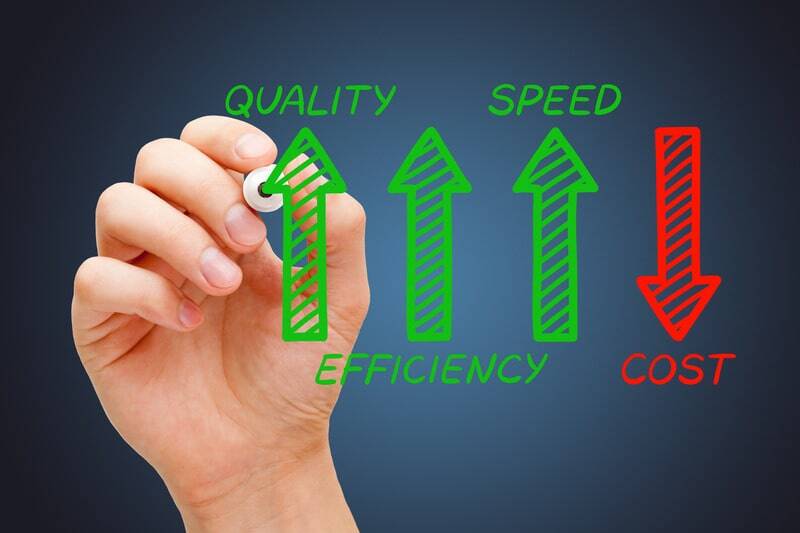 A hand drawing with a marker showing four arrows: three green upward-pointing arrows labeled 'QUALITY', 'EFFICIENCY', and 'SPEED', and one red downward-pointing arrow labeled 'COST'. The image illustrates RPO business improvement concepts with increasing positive metrics and decreasing costs against a dark blue background.